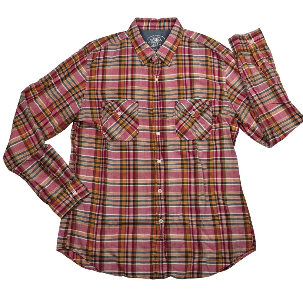 J.Crew Madras Shirt Mens Large Pink Orange Plaid Long Sleeve Button Down Cotton